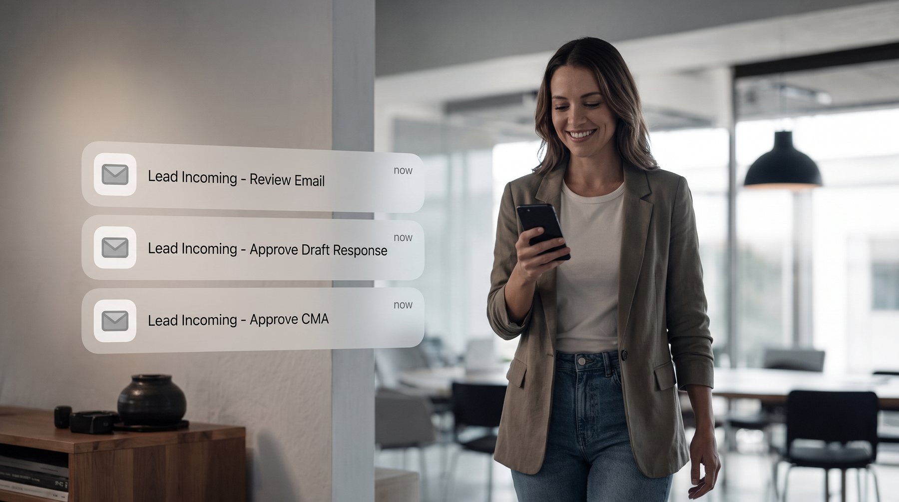 An agent reviewing AI-drafted lead follow-up on her phone